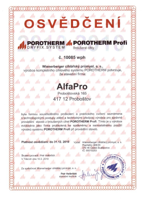 Osvědčení o proškolení pro použítí POROTHERM DRYFIX.SYSTEM